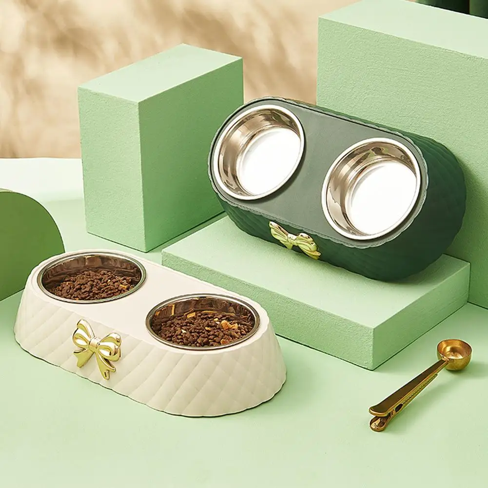 Steel Double Dog Bowl Non-slip Bow