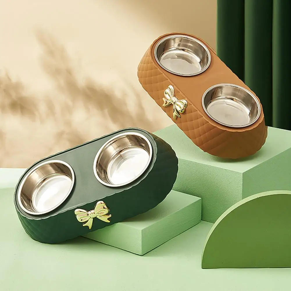 Steel Double Dog Bowl Non-slip Bow